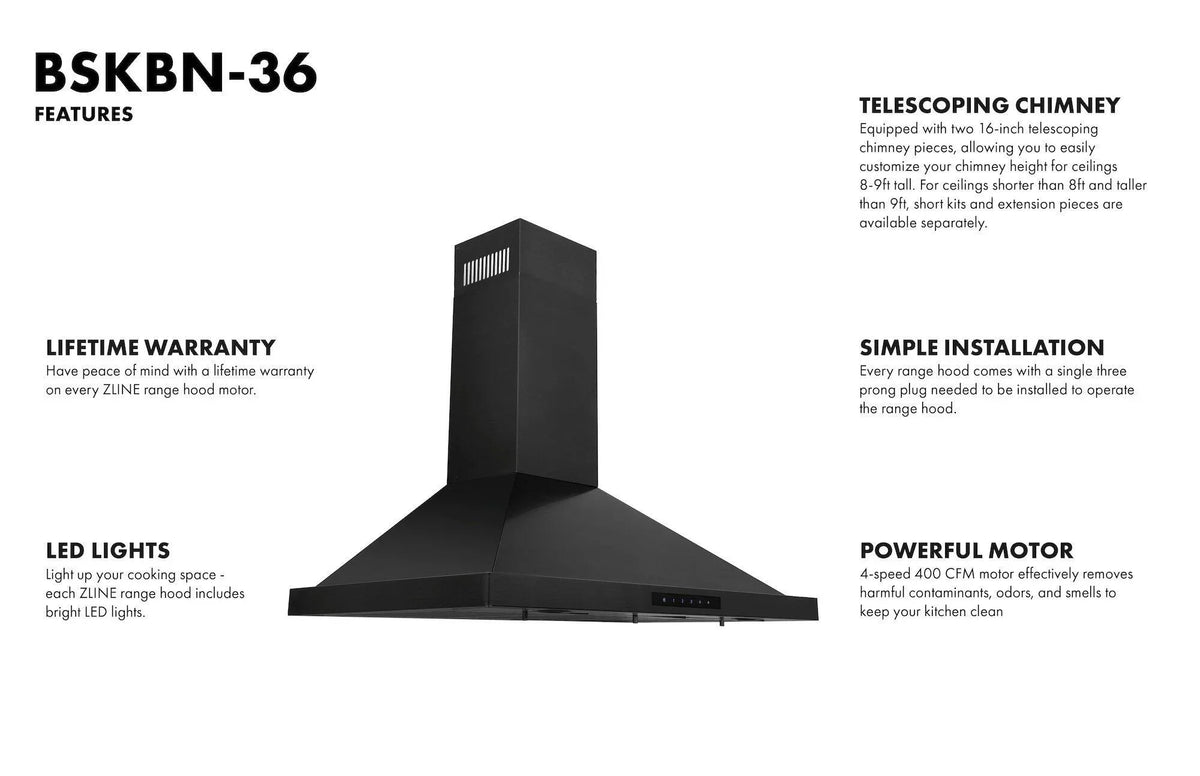 2026 NEW ZLINE 36 in. Wall Mount Range Hood in Black Stainless Steel (BSKBN-36)