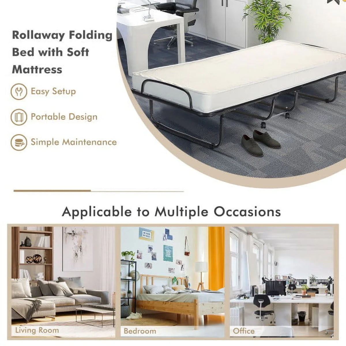 2026 NEW 75" x 31" x 13" Folding Bed with Mattress, Rollaway Bed Metal Frame on Wheels, Portable Foldable Guest Bed for Adults, Cot Size Fold up Bed with Memory Foam Mattress