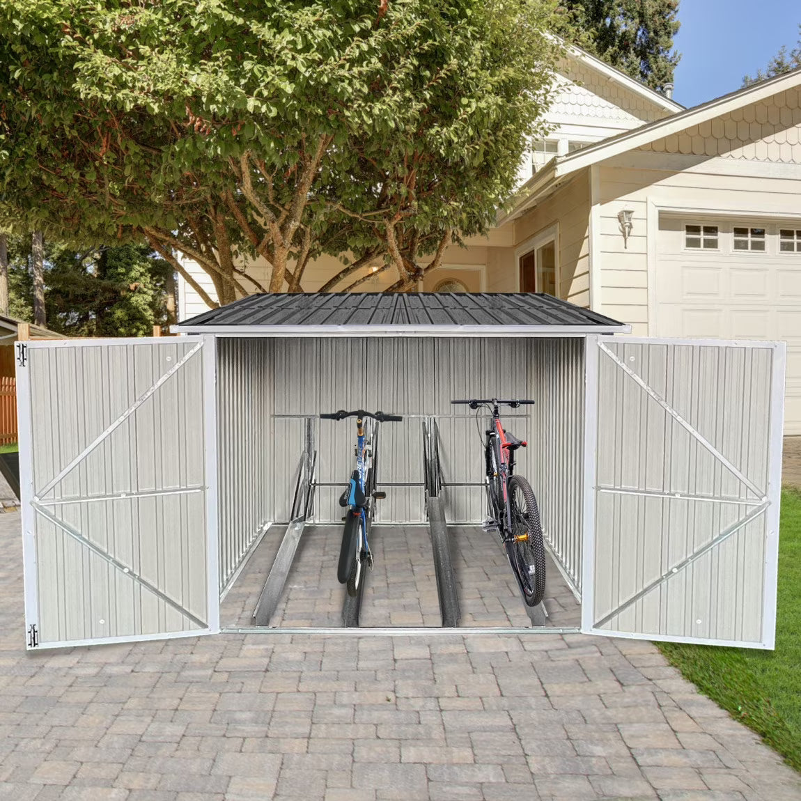 2026 NEW 6.3' x 6.1' Outdoor Storage Shed Clearance, Metal Outdoor Storage Cabinet with Double Lockable Doors, Waterproof Tool Shed, Stores 4 Bikes, Backyard Shed for Garden, Patio, Lawn