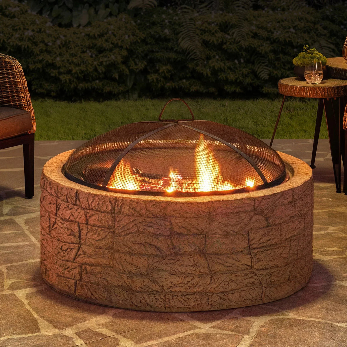 2026 NEW Sunjoy Stone Fire Pit 26 Inch, Outdoor Round Wood Burning Fire Pits with Spark Screen and Poker Grey