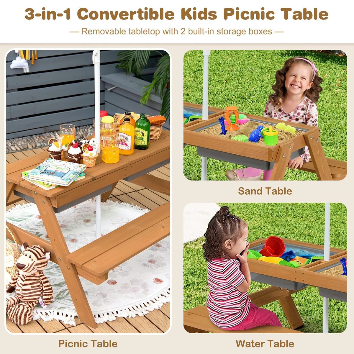 2026 NEW Costway 3-in-1 Kids Picnic Table Wooden Outdoor Sand & Water Table with Umbrella Play Boxes Green