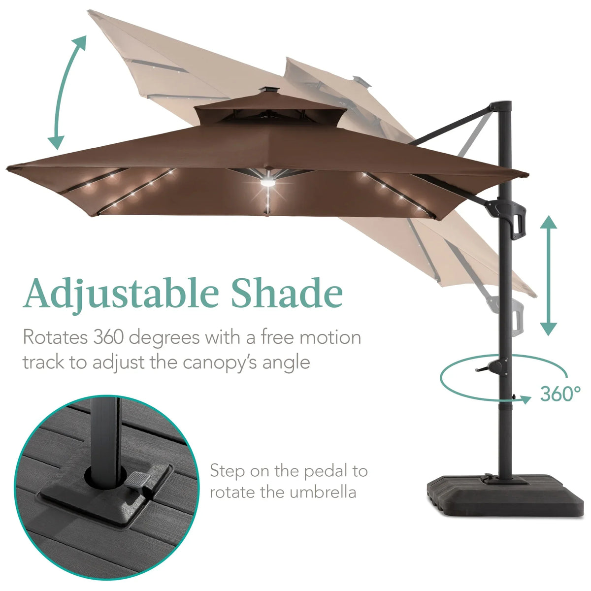 2026 NEW Best Choice Products 10x10ft 2-Tier Square Outdoor Solar LED Cantilever Patio Umbrella w/ Base Included - Tan