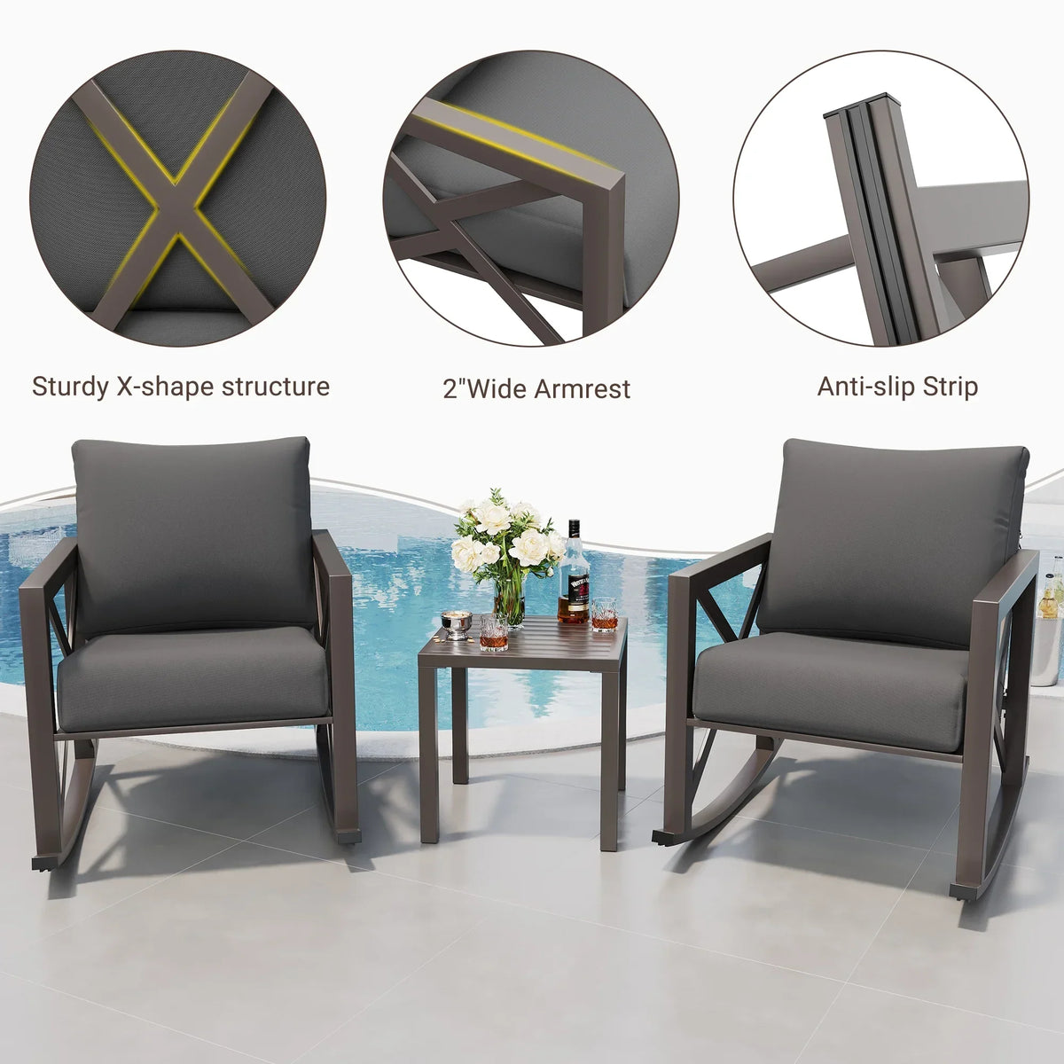 2026 NEW MRUAKA Rocking Chair Bistro Set,3 Piece Outdoor Patio Furniture Set with 2 Rockers and 1 Metal Coffee Table with Thick Cushions for Porch,Backyard,Poolside,Beige