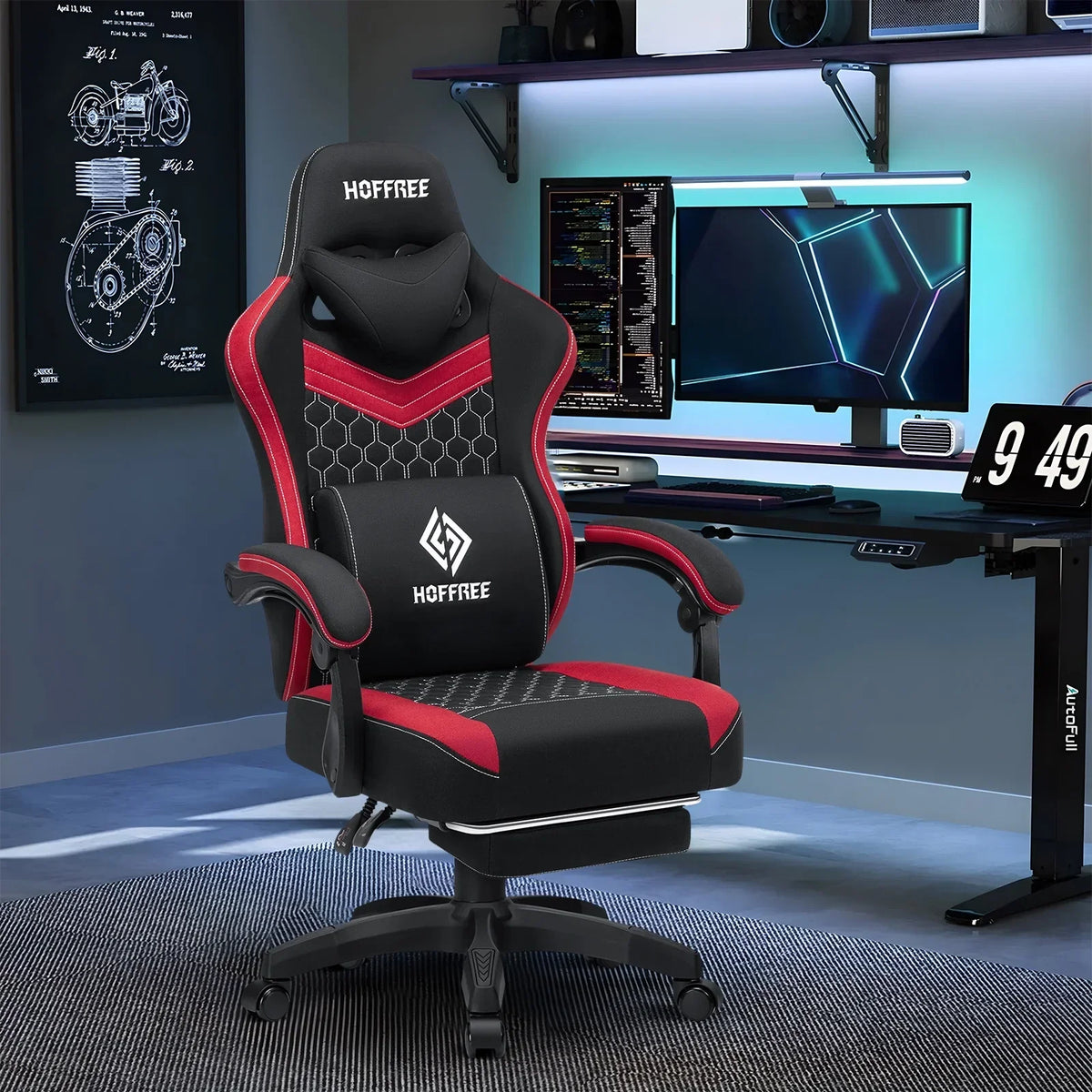 2026 NEW Hoffree Gaming Chair with Massage Fabric Office Chair with footrest for Adults, Ergonomic Gamer Chair with Headrest and Lumbar Support for Office Gaming, 440 LBS