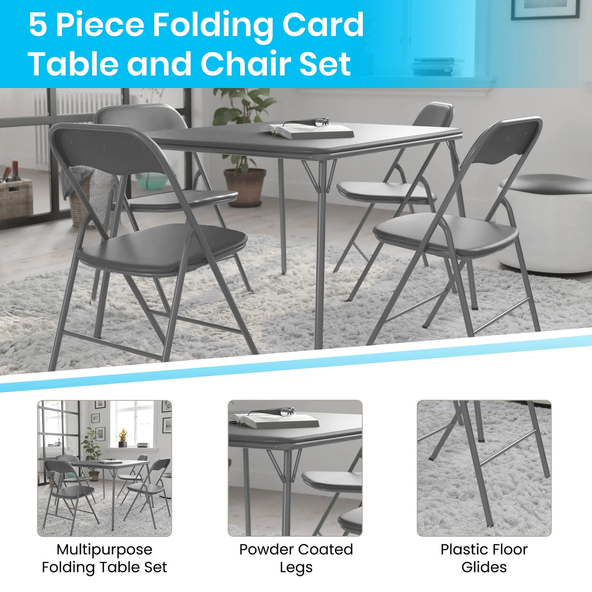 2026 NEW Emma + Oliver 5 Piece Black Folding Game Room Card Table and Chair Set