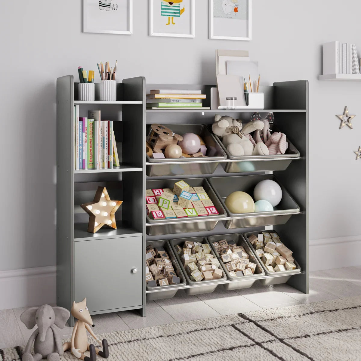 2026 NEW Sturdis Kids Toy Storage Organizer With Bookshelf and White Bins