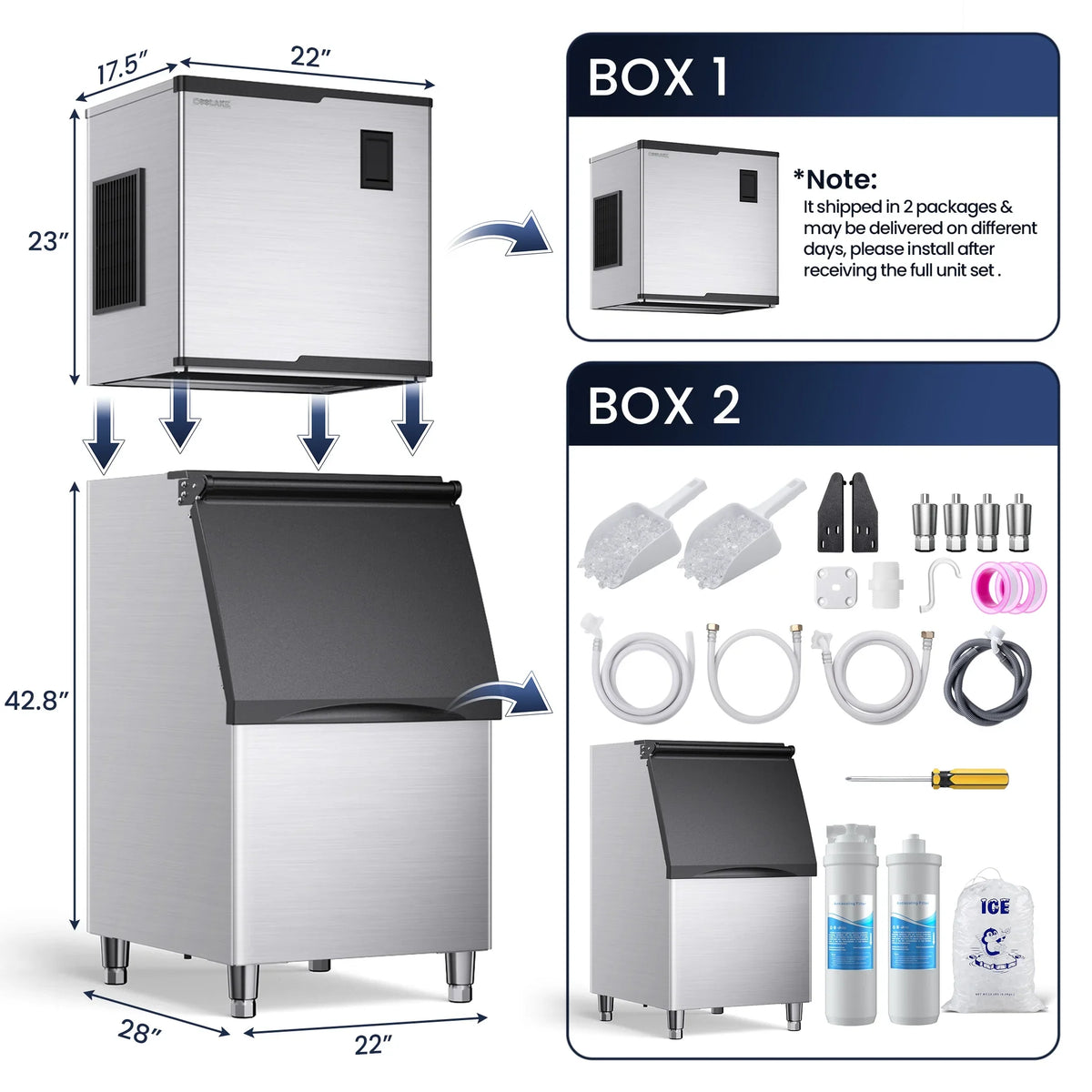 2026 NEW Coolake 22 inch 450lbs/24h Commercial Air Cooled Ice Maker Machine with 360lbs, Cube Ice, Doe/ETL