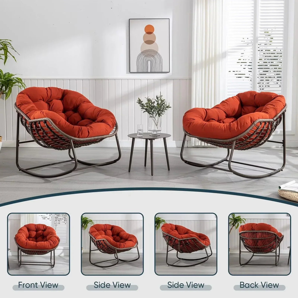 2026 NEW Outdoor Papasan Rocking Chair, Patio Oversized Wicker Egg Rocking Chair, Indoor & Outdoor Comfy Rocker Chair with Thick Cushion, Modern Lounge Chair for Front Porch, Garden, Backyard, Grey