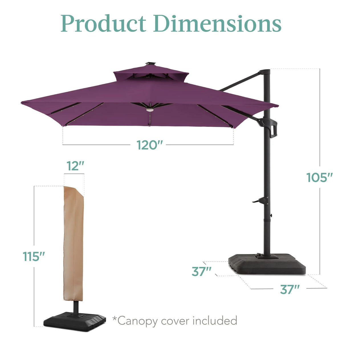 2026 NEW Best Choice Products 10x10ft 2-Tier Square Outdoor Solar LED Cantilever Patio Umbrella w/ Base Included - Tan