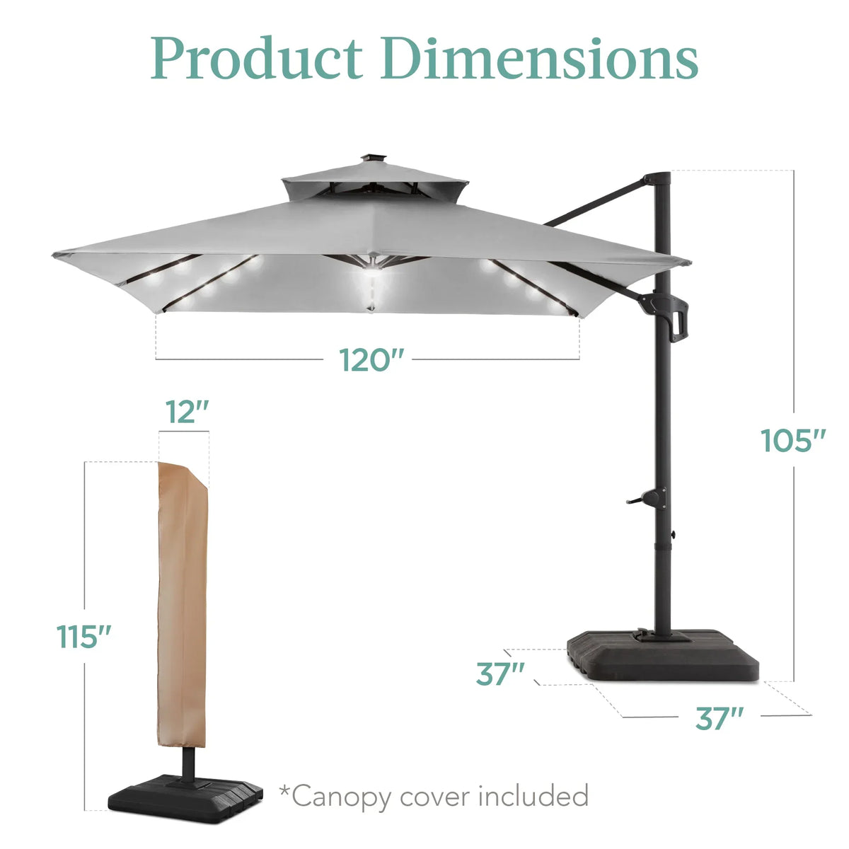 2026 NEW Best Choice Products 10x10ft 2-Tier Square Outdoor Solar LED Cantilever Patio Umbrella w/ Base Included - Tan
