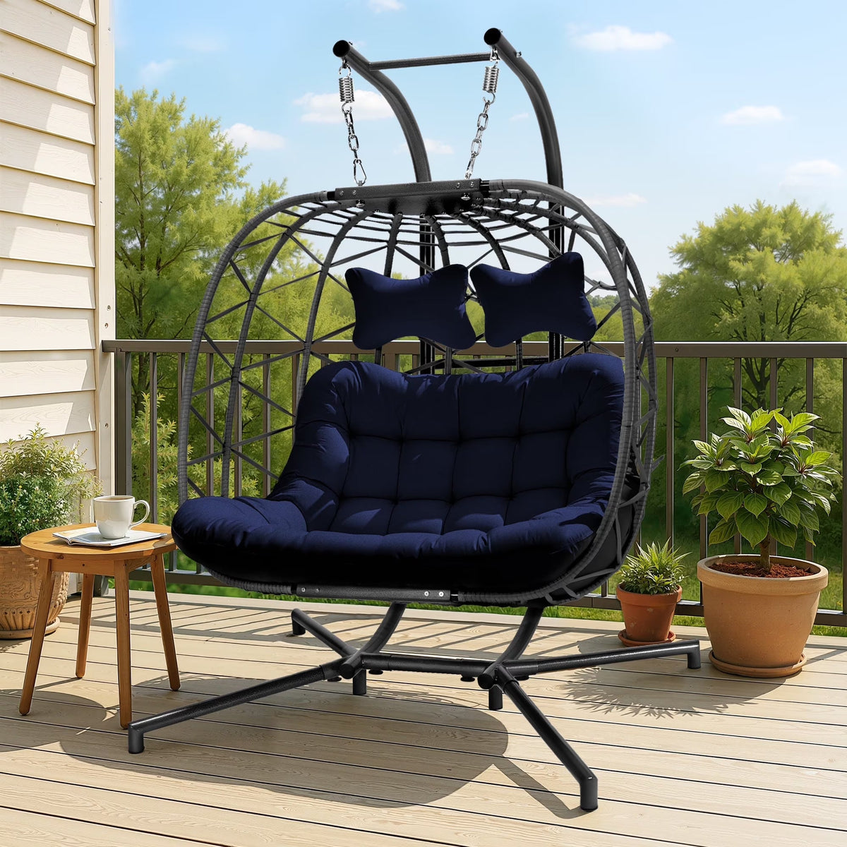 2026 NEW RADIATA Double Wicker Egg Swing Chair with Stand, 2-Person Hanging Egg Chair for Indoor/Outdoor, 700lbs Capacity, Thick Cushions & Headrest,Sturdy Metal Frame"Dark Gray