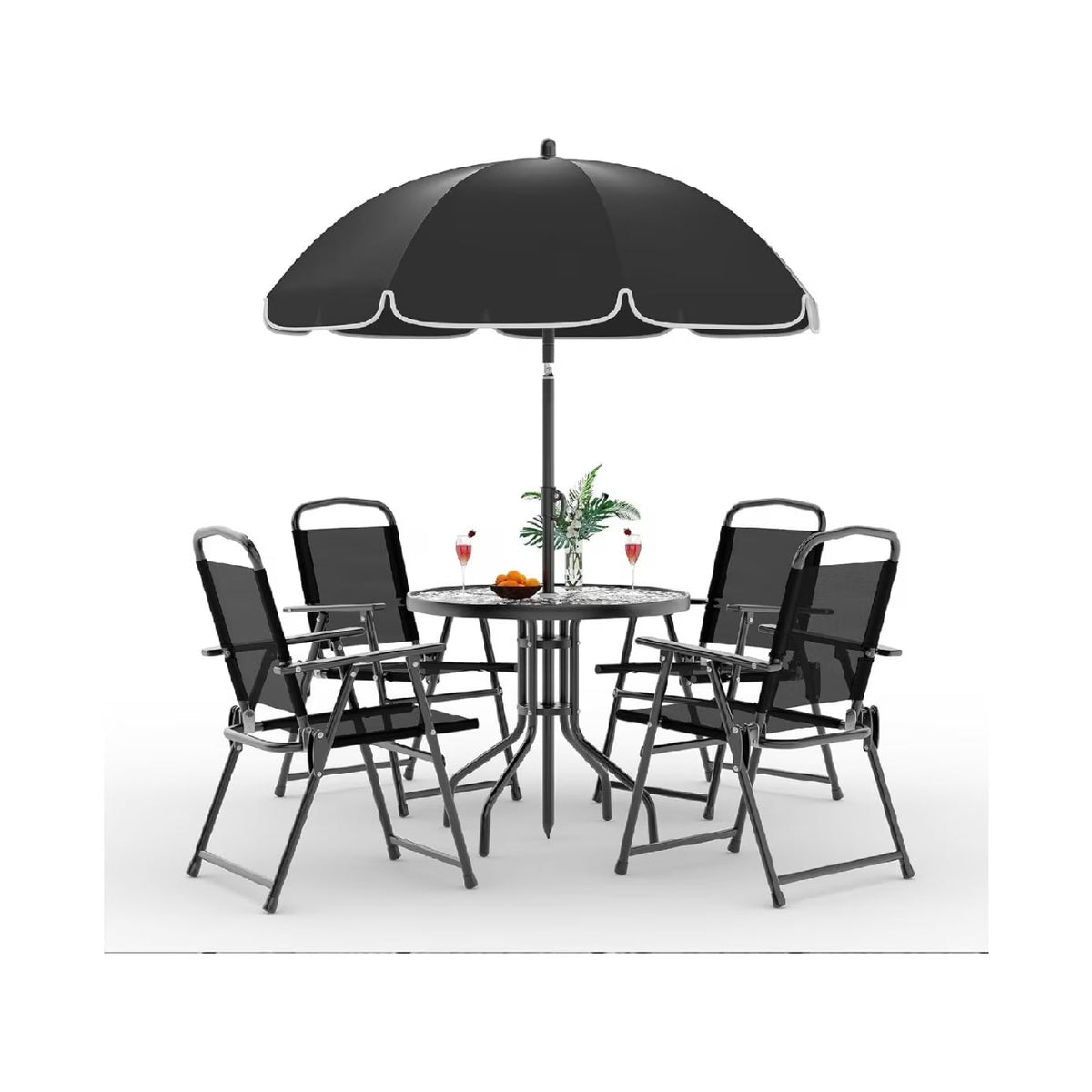 2026 NEW 6 Pieces Outdoor Dining Set With Umbrella, Patio Table and 4 Folding Chairs With Umbrella, Garden Patio Furniture Set With Umbrellas, Tempered Glass Top Dining Table