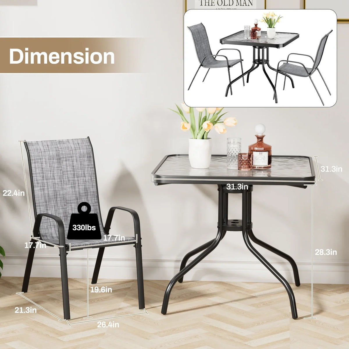 2026 NEW Pirecart 5-Piece Outdoor Patio Dining Table Set with 4 Stackable Textilene Chairs for for Patio, Lawn, Garden, Gray