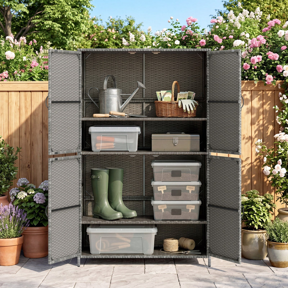 2026 NEW Costway Outdoor Storage Cabinet with Adjustable Shelves & Anti-Toppling Device for Garden Mix Gray
