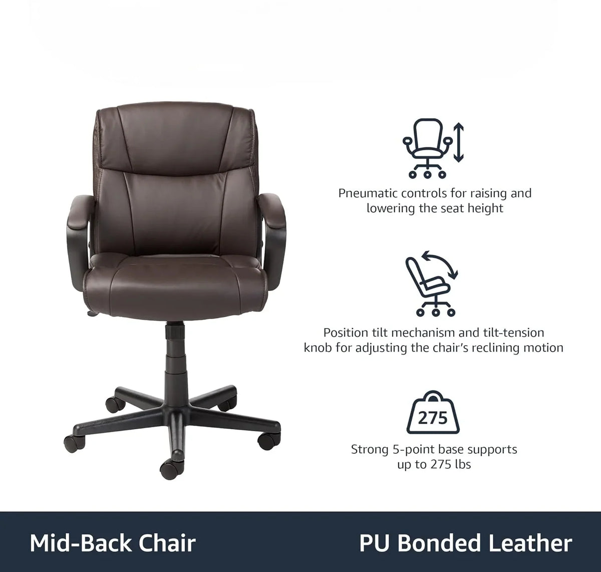 2026 NEW Office Computer Task Desk Chair with Padded Armrests, Mid-Back, Adjustable, 360 Swivel, Rolling, 275 Pound Capacity, 24inchD x 24.2inchW x 34.8inchH
