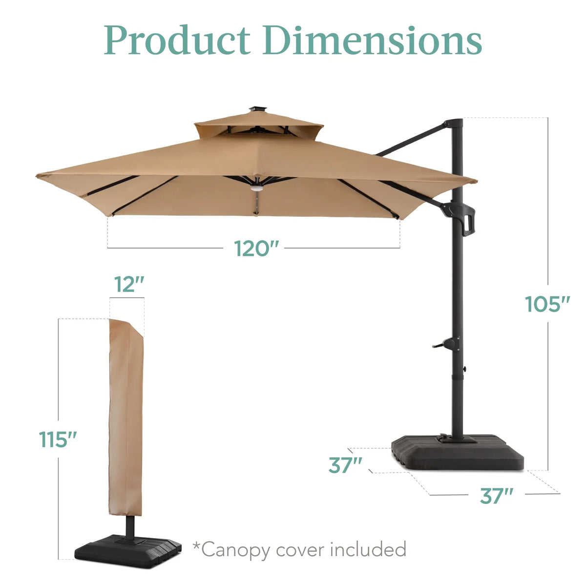 2026 NEW Best Choice Products 10x10ft 2-Tier Square Outdoor Solar LED Cantilever Patio Umbrella w/ Base Included - Tan