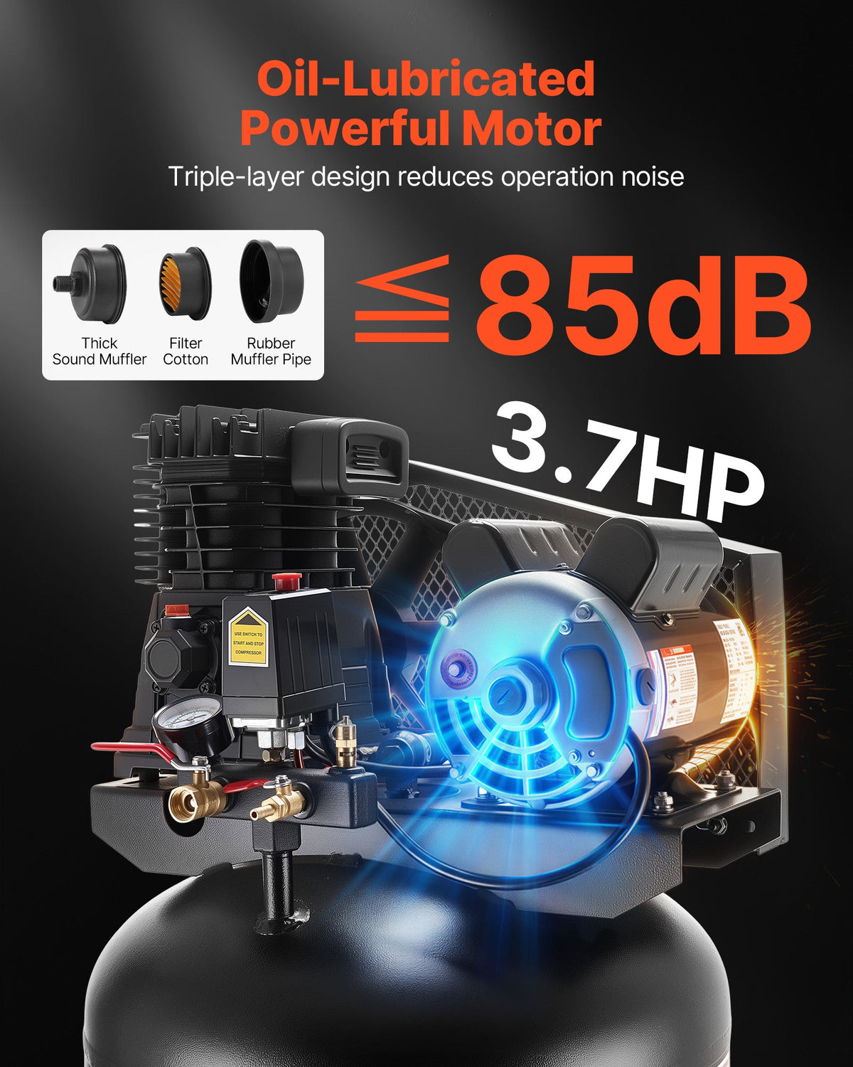 2026 NEW VEVOR 60 Gallons Heavy-Duty Air Compressor, 3.7HP 8 SCFM at 90PSI Air Compressors Max 155PSI Pressure, Oil-Lubricated Compressor Tank(230V 60Hz, No-Plug)