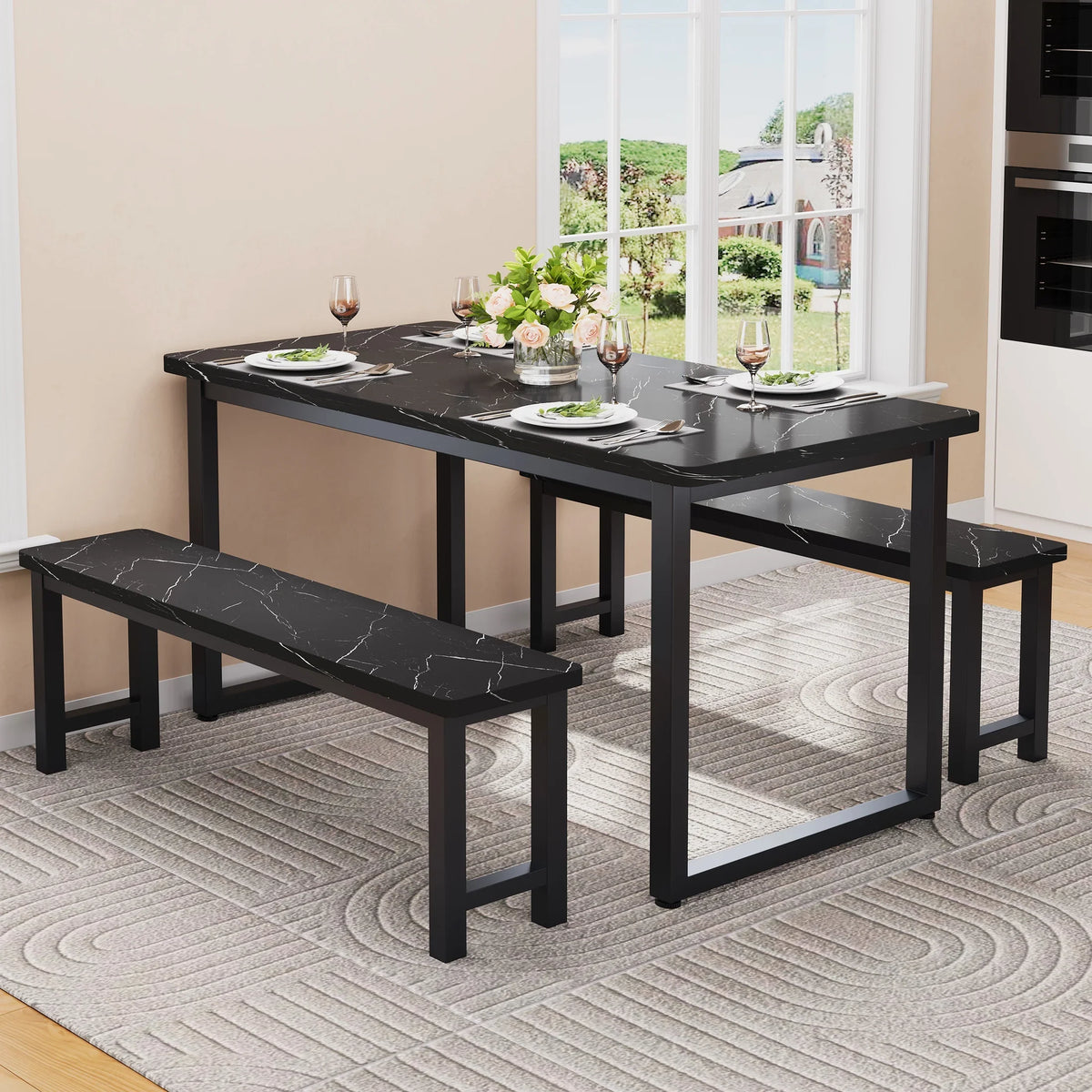 2026 NEW PORKISS Kitchen Table with 2 Benches, 3 Piece Dining Table Set, Dining Table with Faux Marble Table Top, Metal Frame, Black#