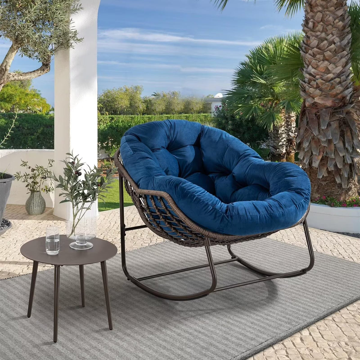 2026 NEW Outdoor Papasan Rocking Chair, Patio Oversized Wicker Egg Rocking Chair, Indoor & Outdoor Comfy Rocker Chair with Thick Cushion, Modern Lounge Chair for Front Porch, Garden, Backyard, Grey