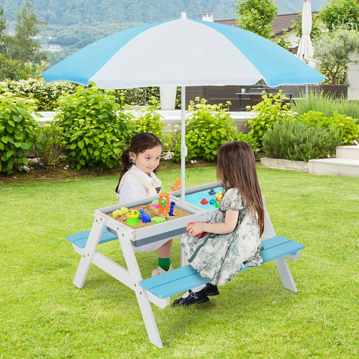 2026 NEW Costway 3-in-1 Kids Picnic Table Wooden Outdoor Sand & Water Table with Umbrella Play Boxes Green