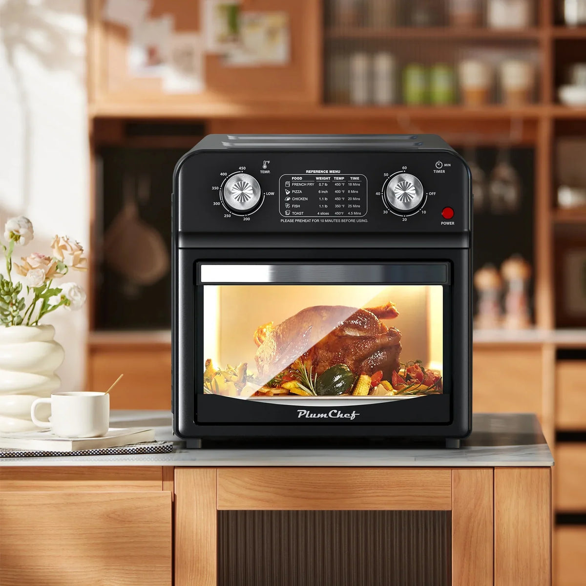 2026 NEW PlumChef 13 Quart 4 Slices Air Fryer Convection Toaster Oven, 1500W, 7 in 1 Multifunction with Roast, Bake, Grill, Broil, Toast, Dehydrate, Defrost