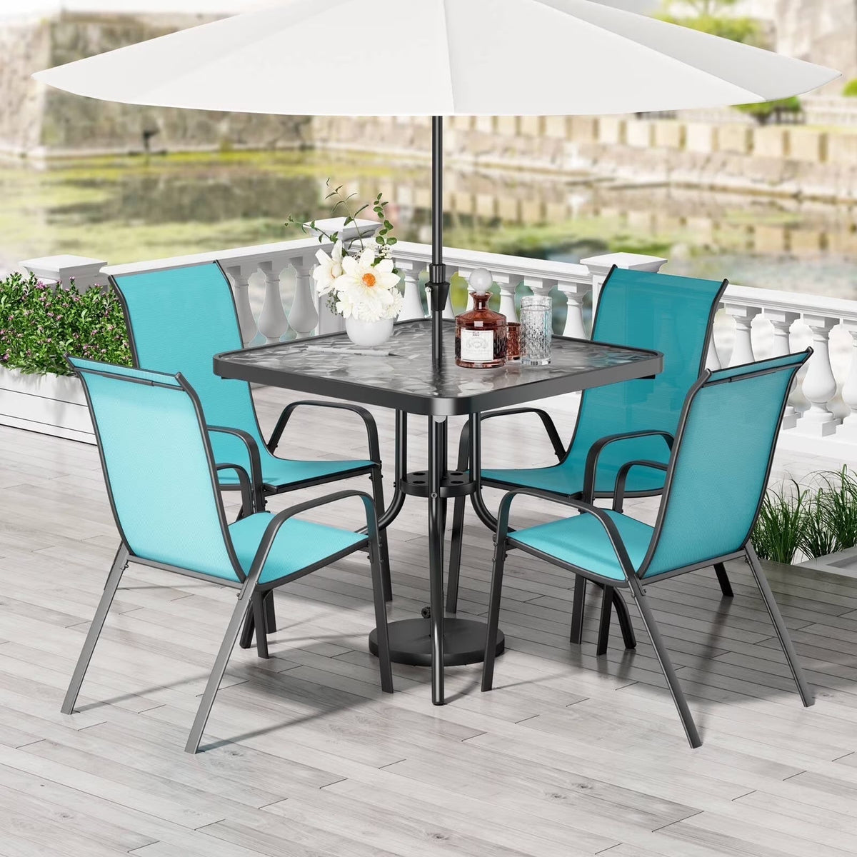 2026 NEW Pirecart 5-Piece Outdoor Patio Dining Table Set with 4 Stackable Textilene Chairs for for Patio, Lawn, Garden, Gray