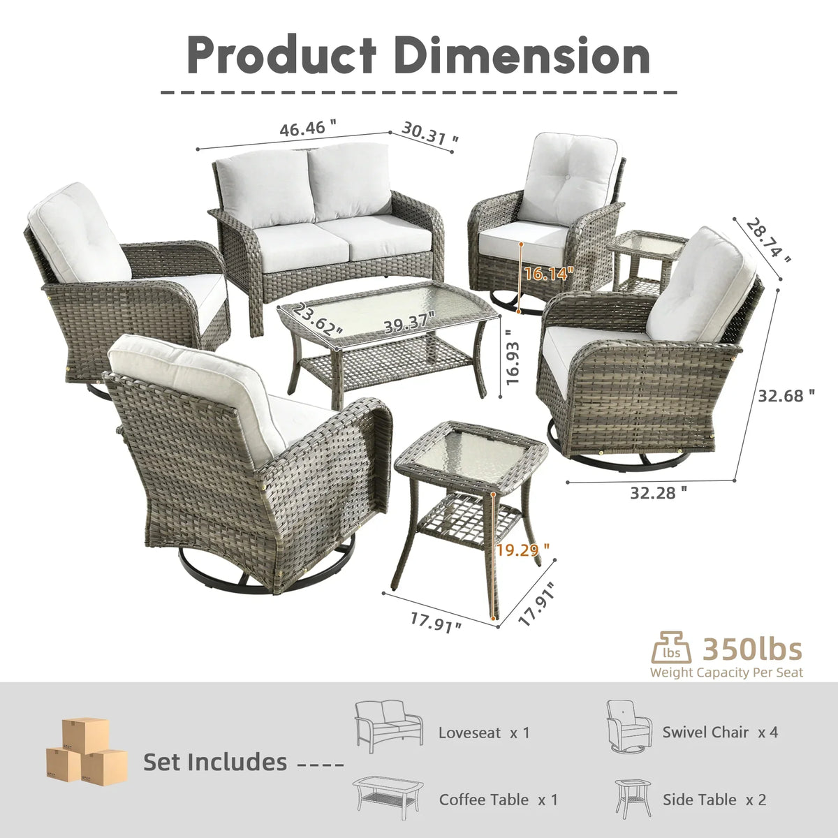 2026 NEW Ovios 5 Pieces Outdoor Patio Furniture Set High Back All Weather Wicker Conversation Set with Swivel Chairs & Coffee Table, Dark Gray