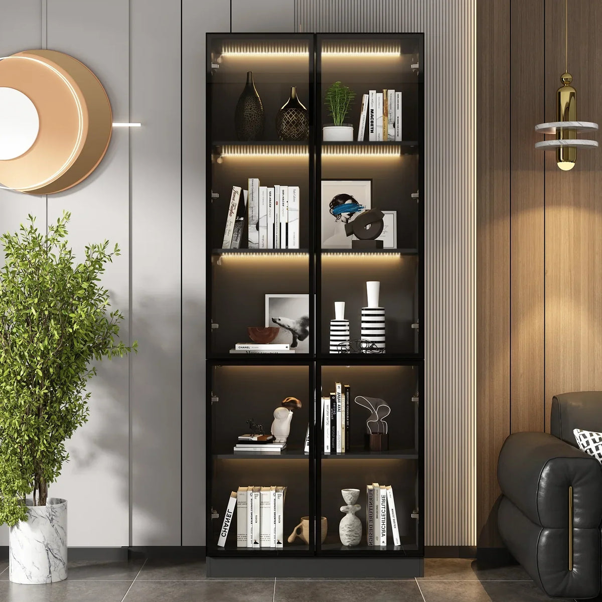 2026 NEW KULAGAGA Bookcases Organizer with LED Lights, Heavy Duty Display Cabinet with Glass Door for Living Room, 31.5" Wide