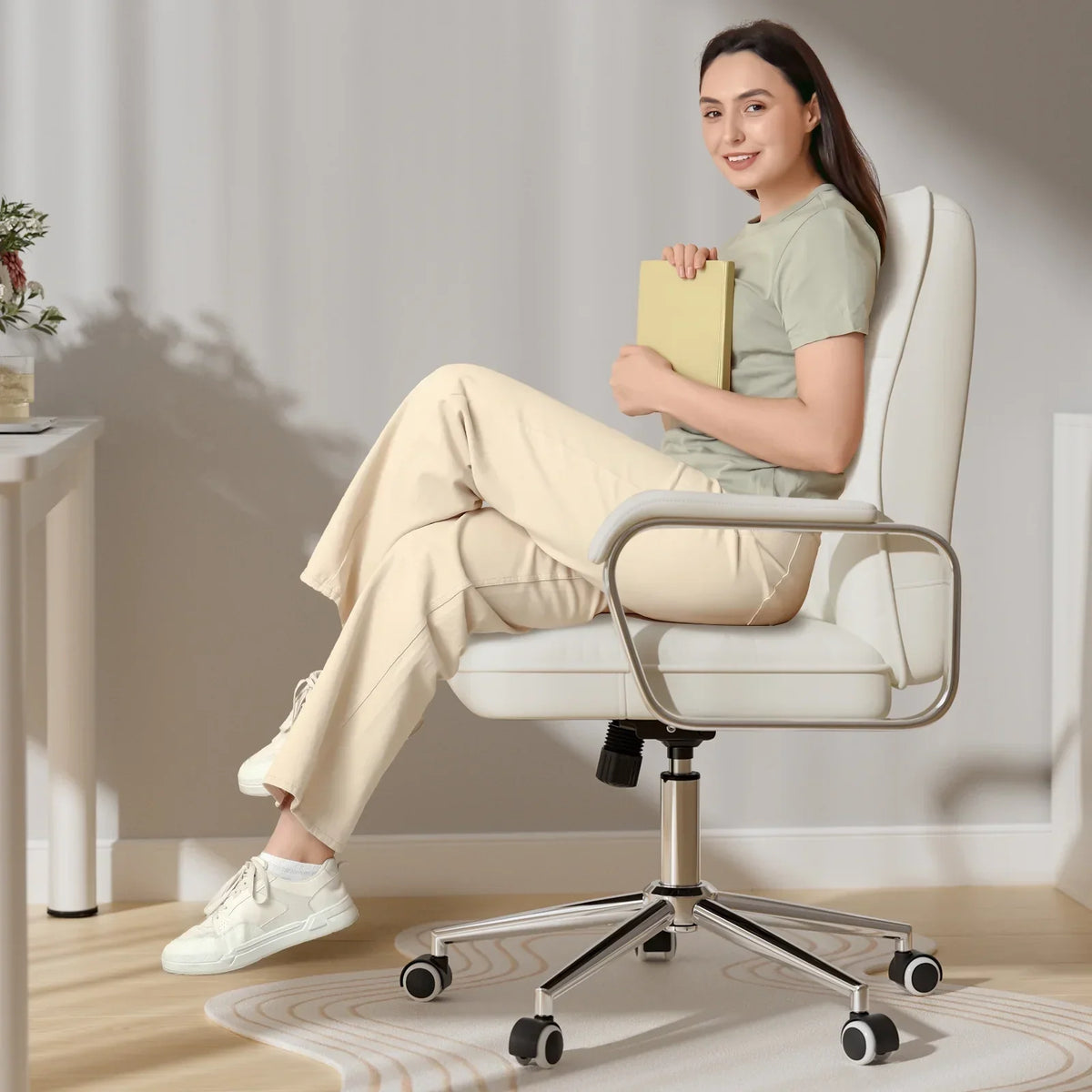 2026 NEW Solfway White Office Chair, Swivel Leather Computer Desk Chair with Wheels and Padded Arms, Executive Office Chair for Adults
