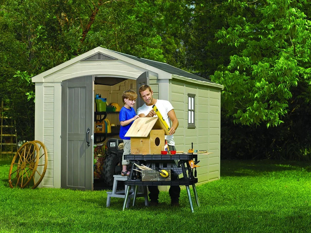 2026 NEW Keter Factor 8 x 11 Foot All Weather Resin Outdoor Storage Shed, Taupe