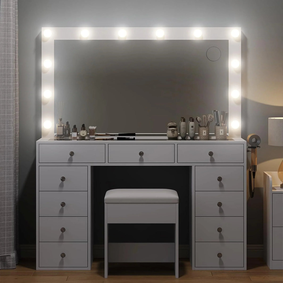 2026 NEW White Vanity Desk with Illuminated Mirror & Power Outlet, 11 Drawers Vanity Table with Chair, Makeup Vanity with 12 LED Lights, Tempered Glass Top, Dressing Table for Bedroom,Dressing Room