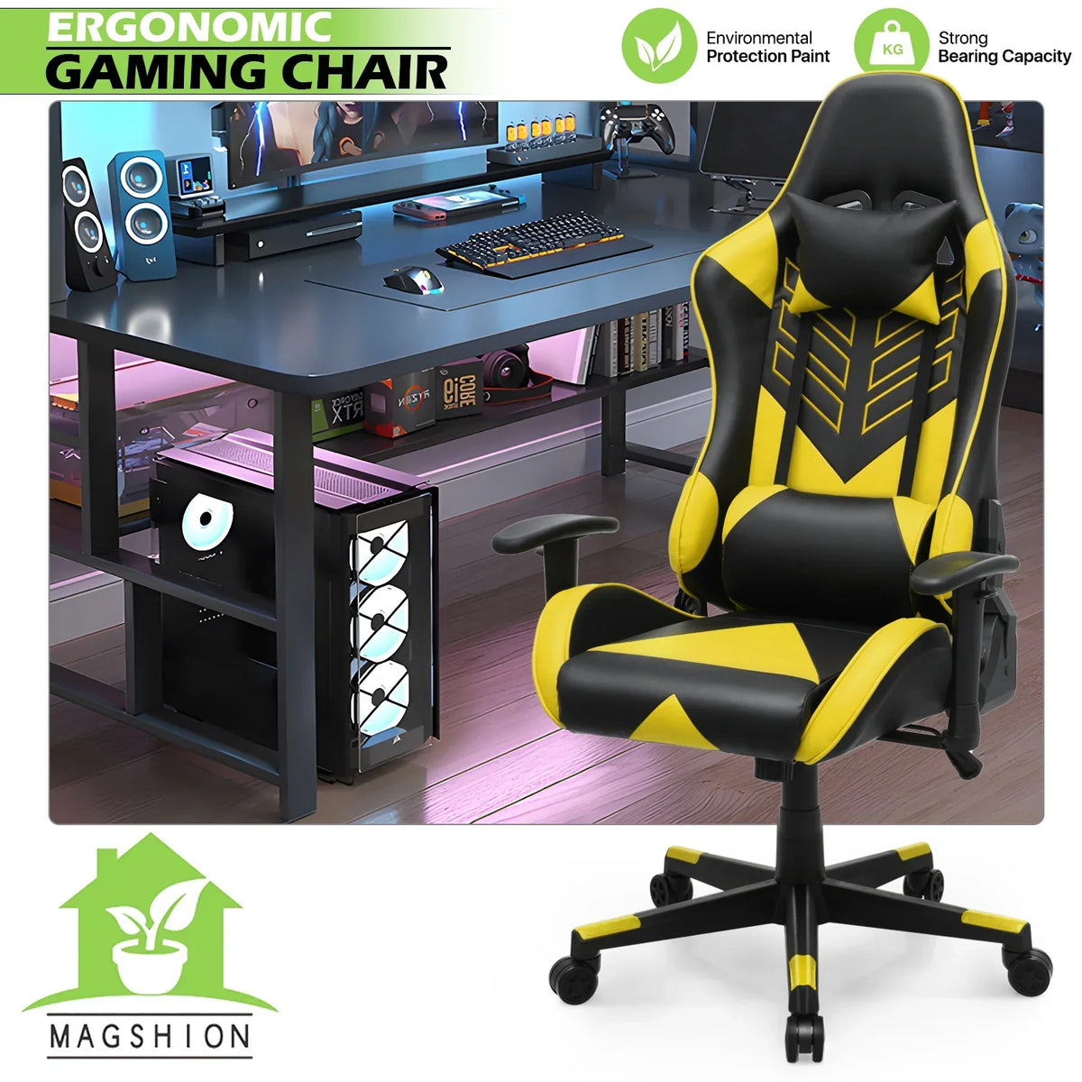 2026 NEW Magshion Ergonomic Gaming Chair, Comfortable Gaming Chair, Computer Chair Leather Desk Chair Adjustable Swivel Gaming Office Chair, Blue