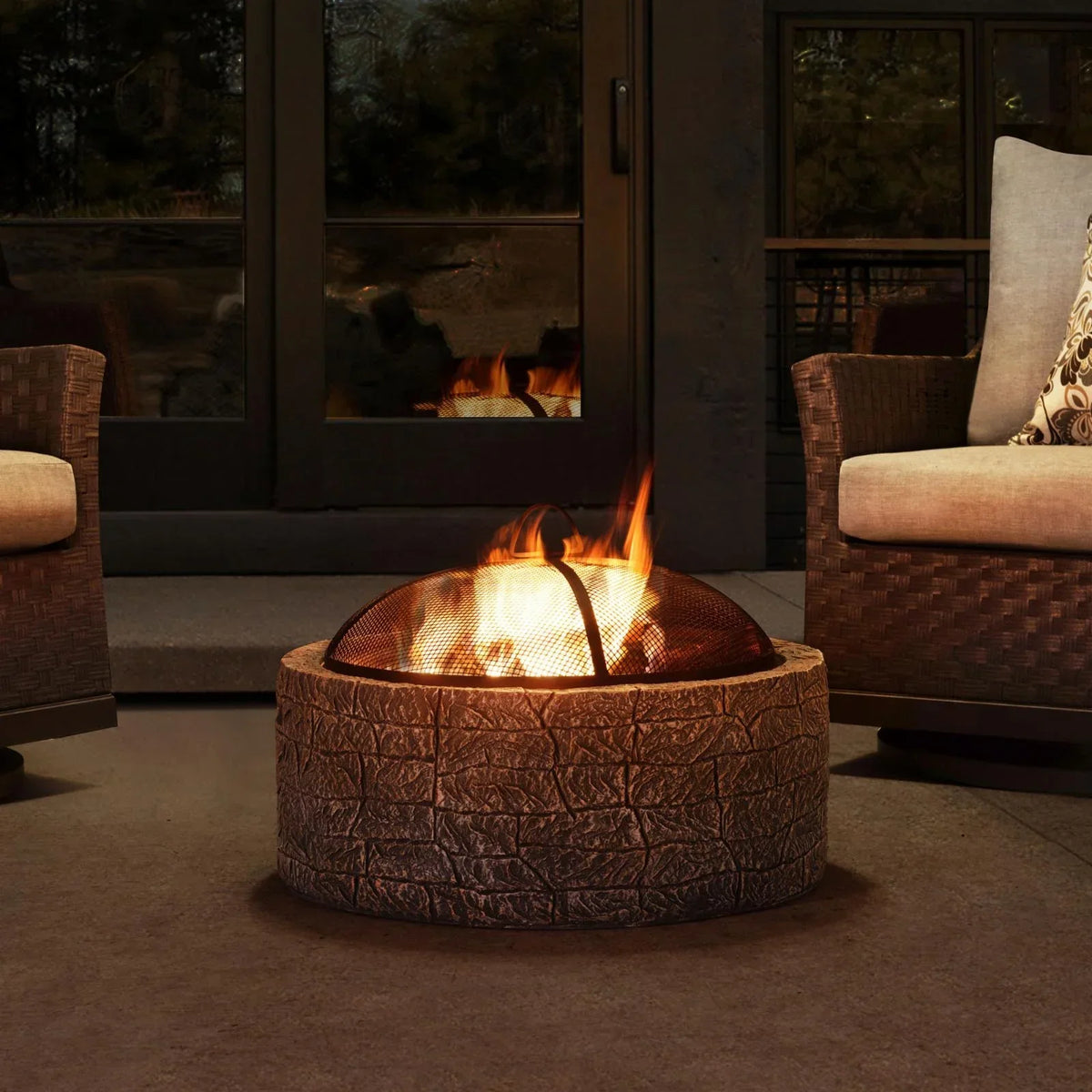 2026 NEW Sunjoy Stone Fire Pit 26 Inch, Outdoor Round Wood Burning Fire Pits with Spark Screen and Poker Grey