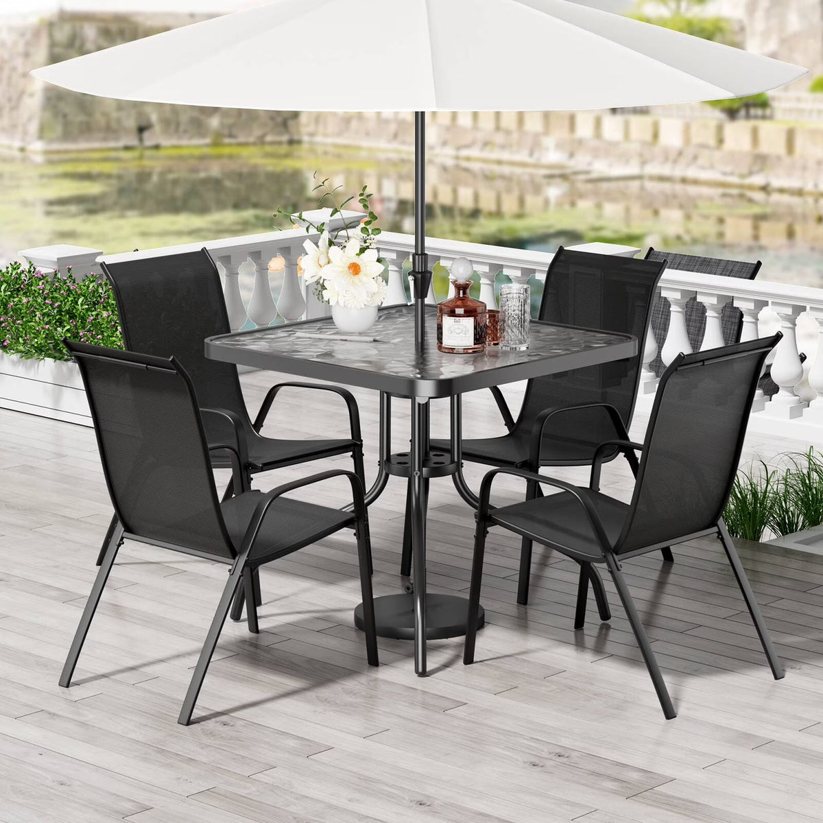2026 NEW Pirecart 5-Piece Outdoor Patio Dining Table Set with 4 Stackable Textilene Chairs for for Patio, Lawn, Garden, Gray