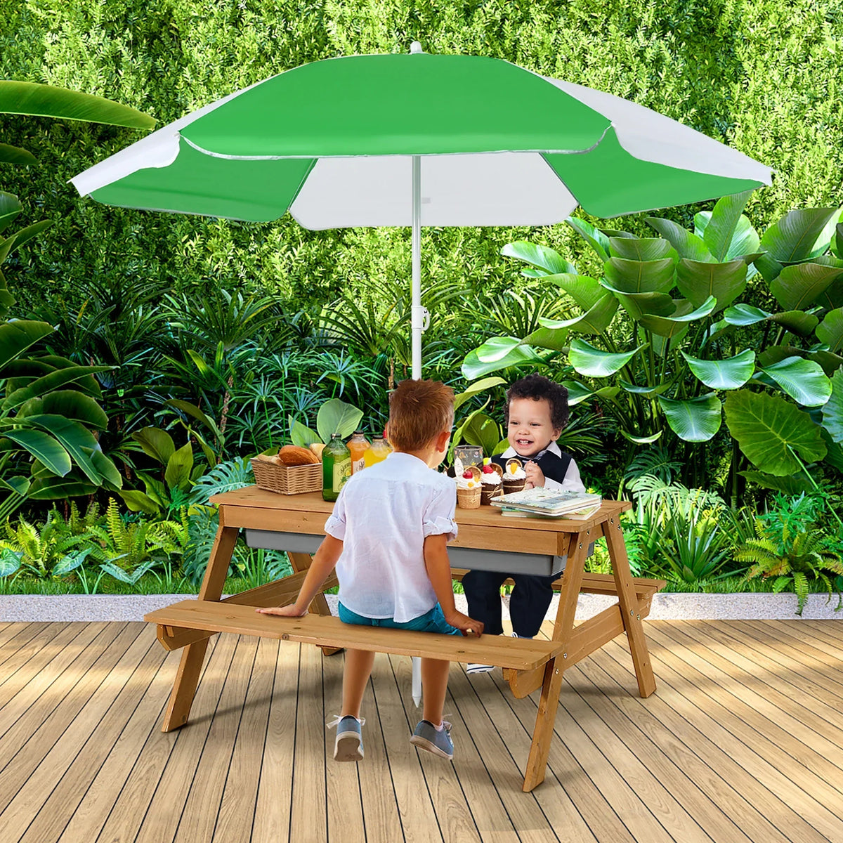 2026 NEW Costway 3-in-1 Kids Picnic Table Wooden Outdoor Sand & Water Table with Umbrella Play Boxes Green