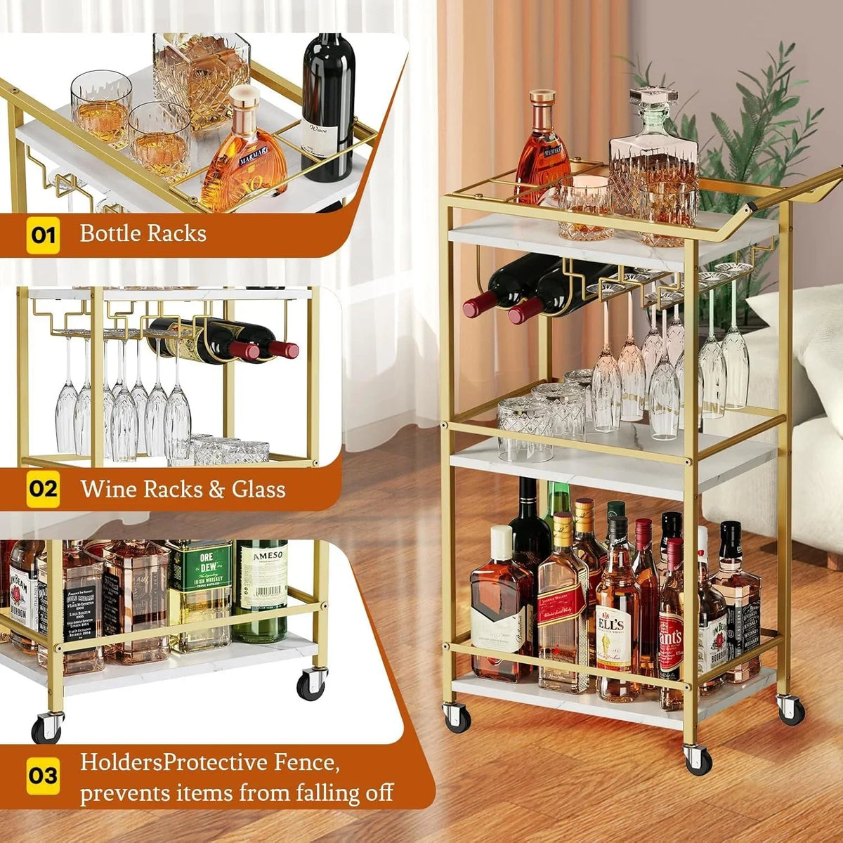 2026 NEW 3 Tier Bar Cart, Mini Liquor Utility Cart for Wine Beverage Dinner Party, Rolling Wine Coffee Drink Serving Cart with Lockable Wheels for Home Kitchen