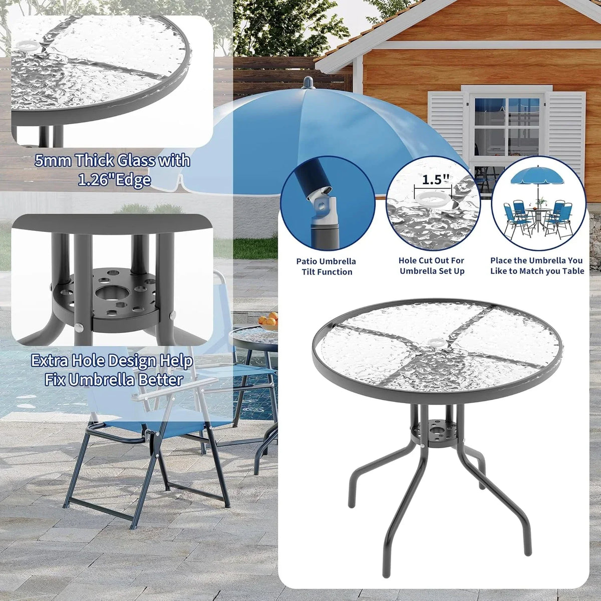 2026 NEW 6 Pieces Outdoor Dining Set With Umbrella, Patio Table and 4 Folding Chairs With Umbrella, Garden Patio Furniture Set With Umbrellas, Tempered Glass Top Dining Table