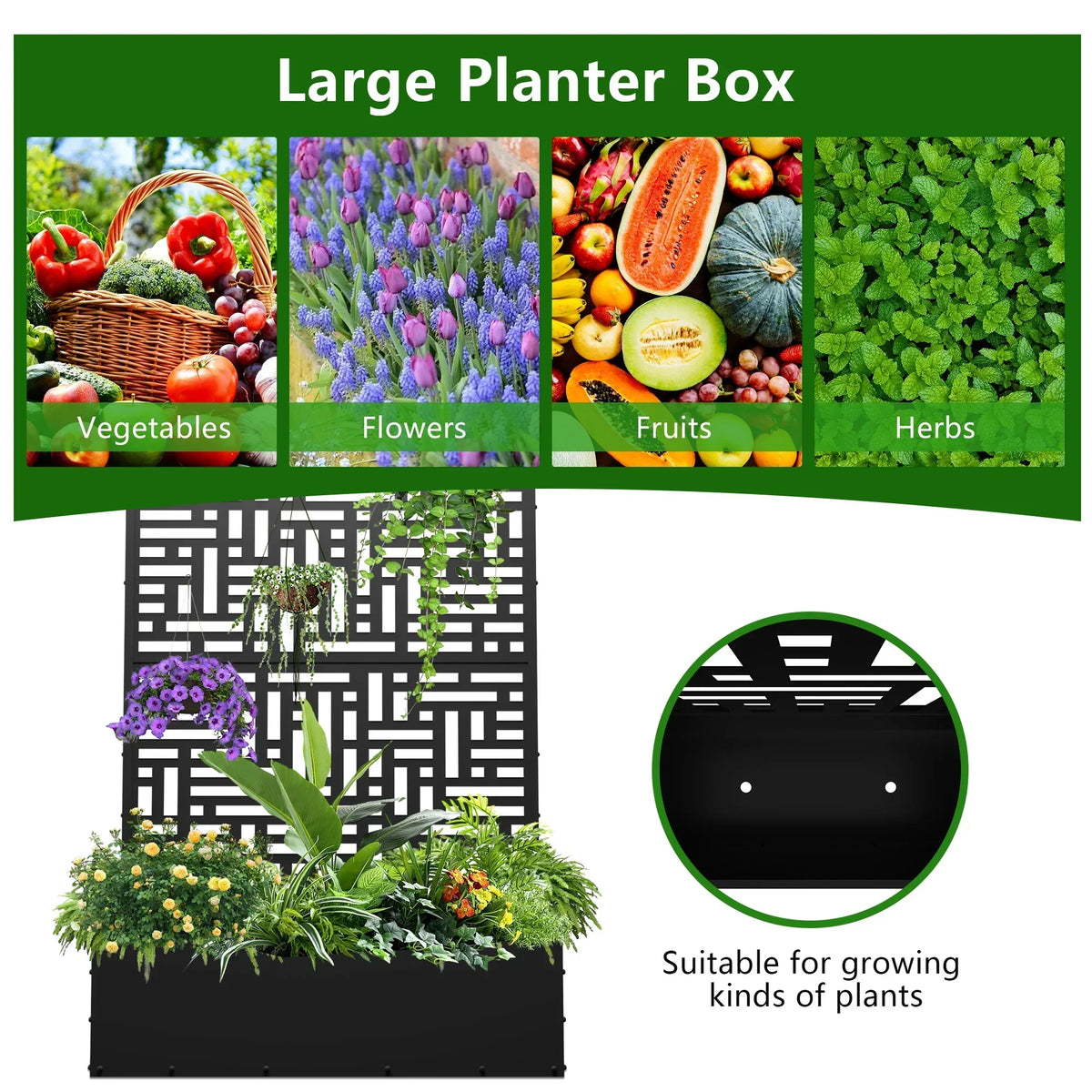 2026 NEW FOOWIN 71'' H Metal Planter with Trellis, Outdoor Raised Garden Bed for Climbing Plants, Trellis Planter Box with Drainage Hole, Black