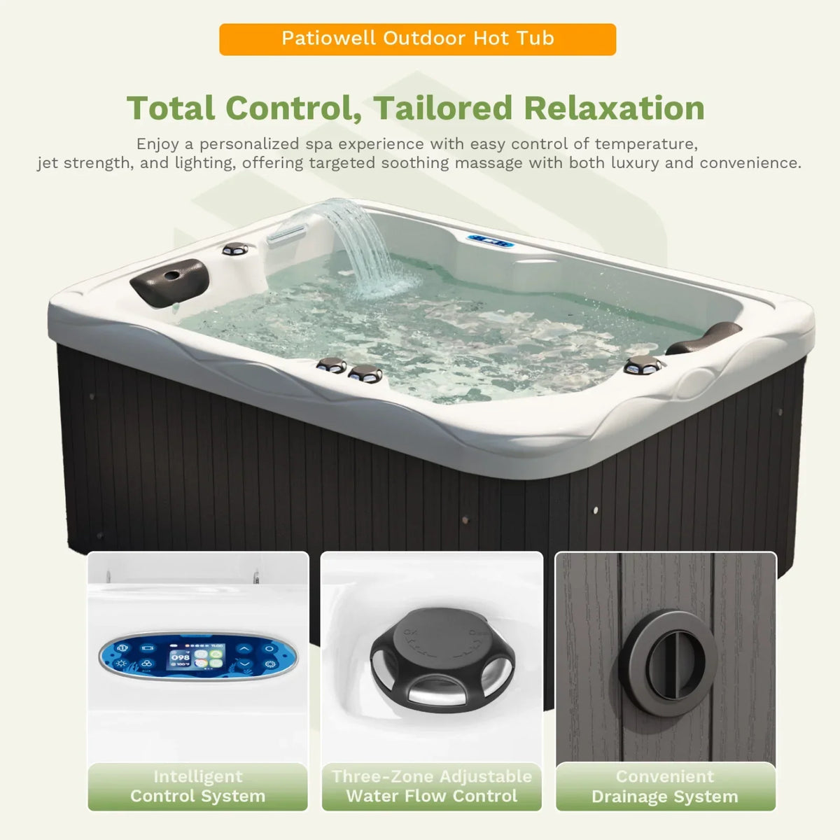 2026 NEW Patiowell 2 Person Home Spa Hot Tub for Outdoor, with 41pcs Massage Jets, LED lighting, Built-In Water Purification System, 900L, Black