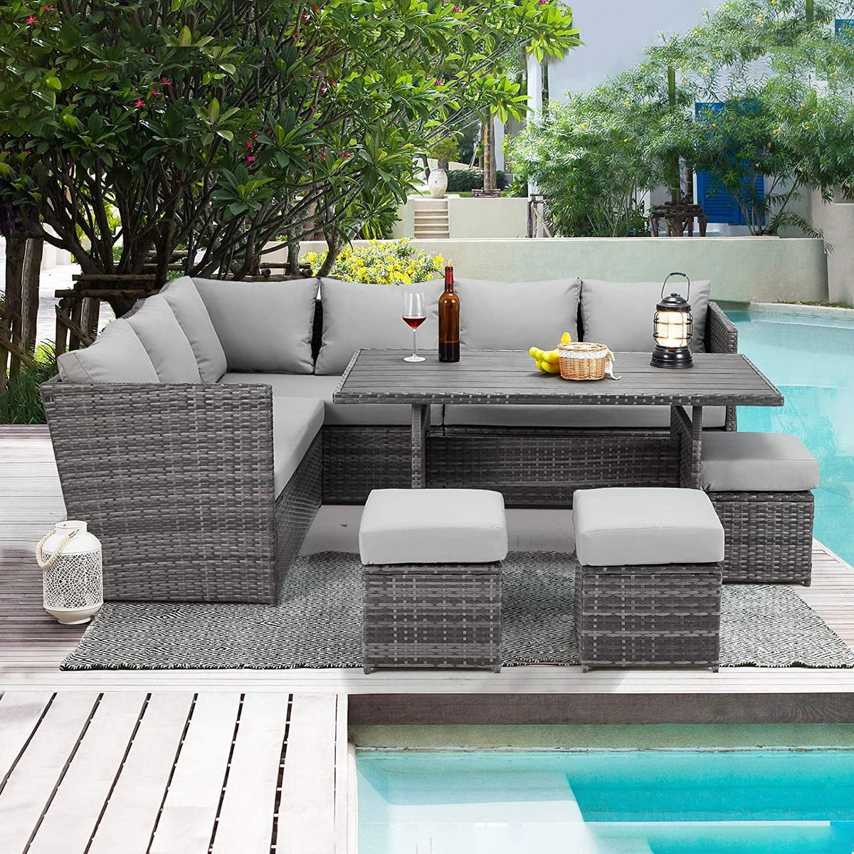 2026 NEW AECOJOY 7 Piece Patio Furniture Set PE Rattan Outdoor Dining Set Sectional Sofa Couch with Table Patio Conversation Set in Gray