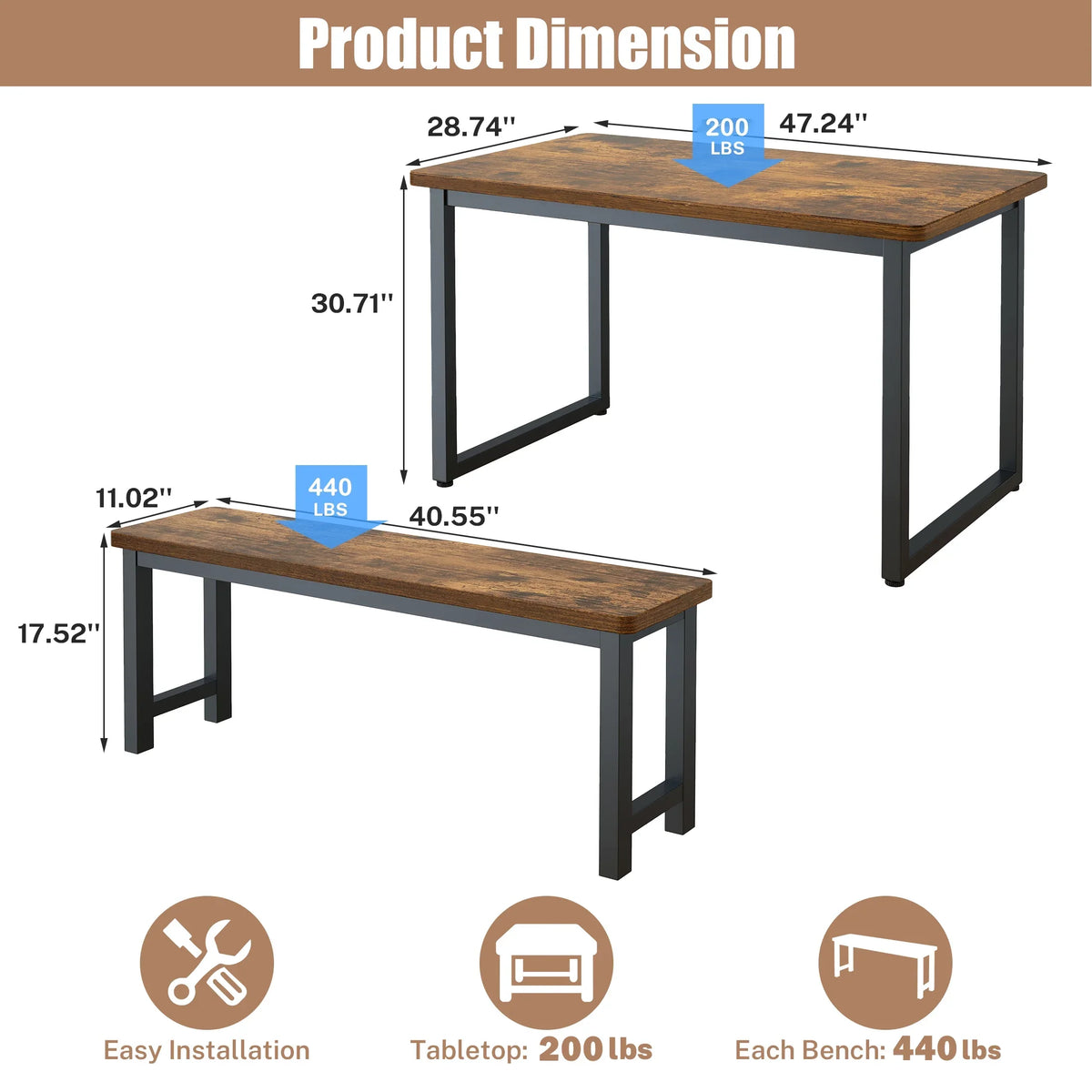 2026 NEW PORKISS Kitchen Table with 2 Benches, 3 Piece Dining Table Set, Dining Table with Faux Marble Table Top, Metal Frame, Black#