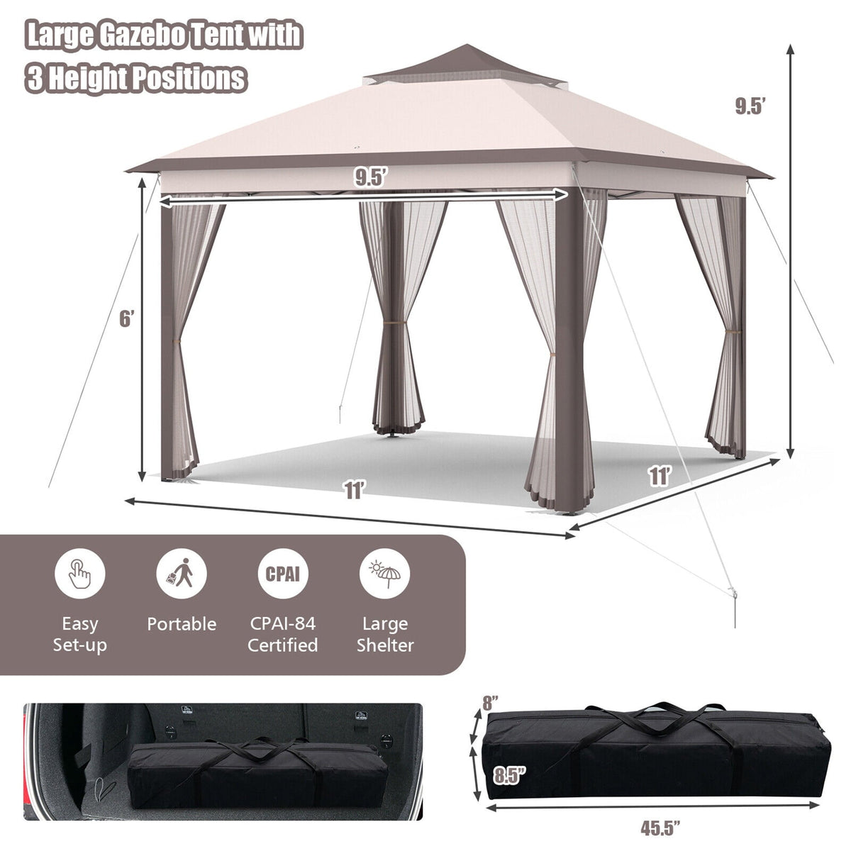 2026 NEW Gymax 11 x 11 ft Pop up Gazebo 2-Tier Patio Canopy Tent Shelter w/ Carrying Bag Beige