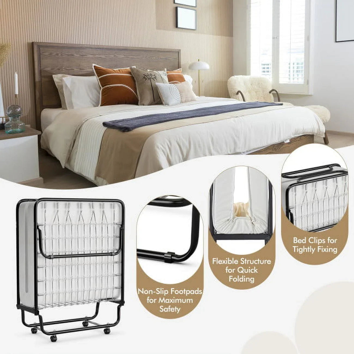 2026 NEW 75" x 31" x 13" Folding Bed with Mattress, Rollaway Bed Metal Frame on Wheels, Portable Foldable Guest Bed for Adults, Cot Size Fold up Bed with Memory Foam Mattress