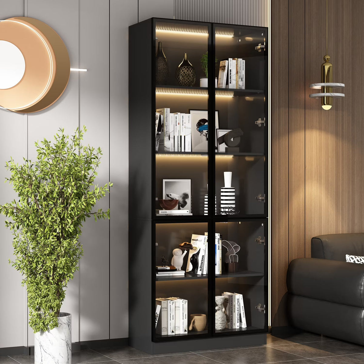 2026 NEW KULAGAGA Bookcases Organizer with LED Lights, Heavy Duty Display Cabinet with Glass Door for Living Room, 31.5" Wide