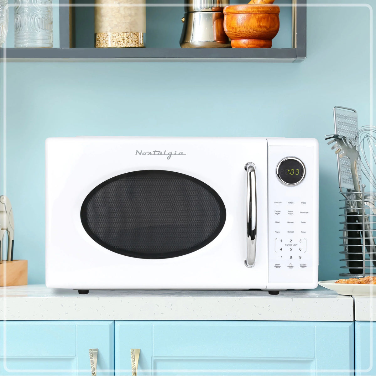 2026 NEW Nostalgia Retro Microwave Oven - 1.1 Cu Ft & 1000-Watt Countertop Size with Glass Turntable, Child Safety Lock, 8 Auto-Cook Programs & Digital Clock - Black