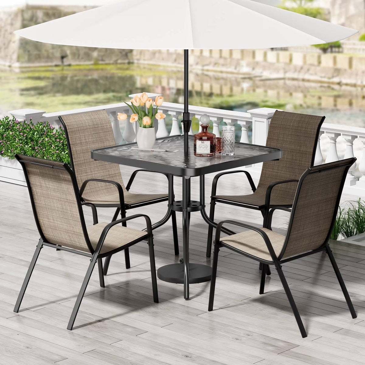2026 NEW Pirecart 5-Piece Outdoor Patio Dining Table Set with 4 Stackable Textilene Chairs for for Patio, Lawn, Garden, Gray