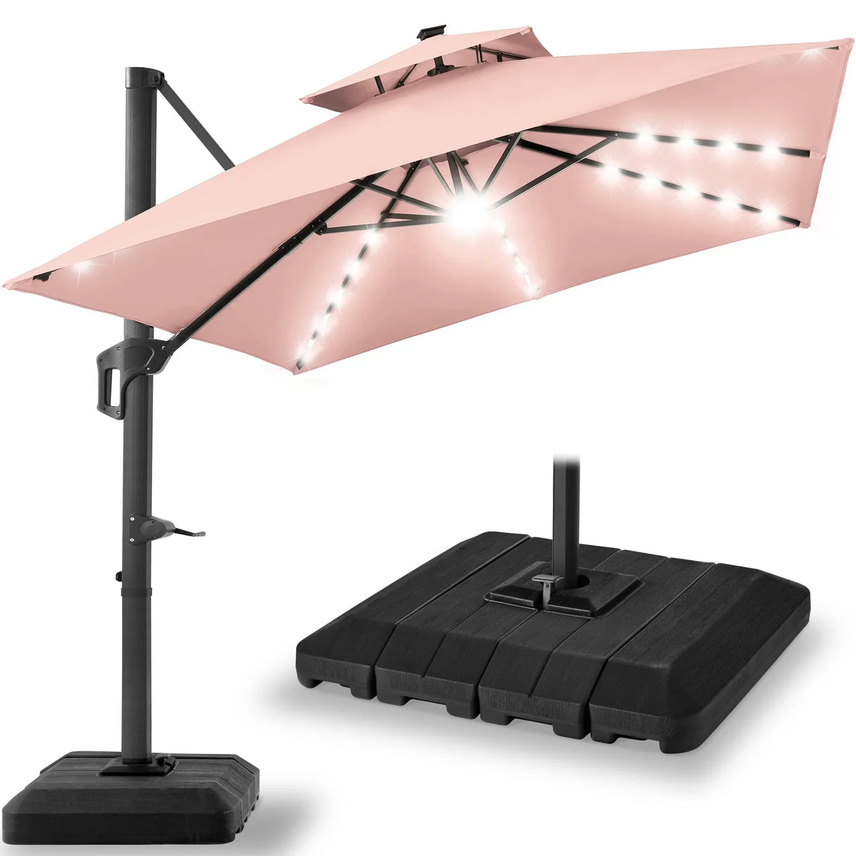 2026 NEW Best Choice Products 10x10ft 2-Tier Square Outdoor Solar LED Cantilever Patio Umbrella w/ Base Included - Tan