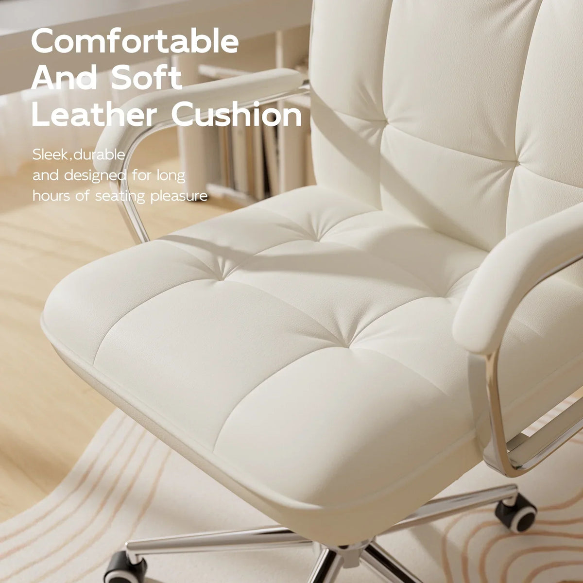 2026 NEW Solfway White Office Chair, Swivel Leather Computer Desk Chair with Wheels and Padded Arms, Executive Office Chair for Adults