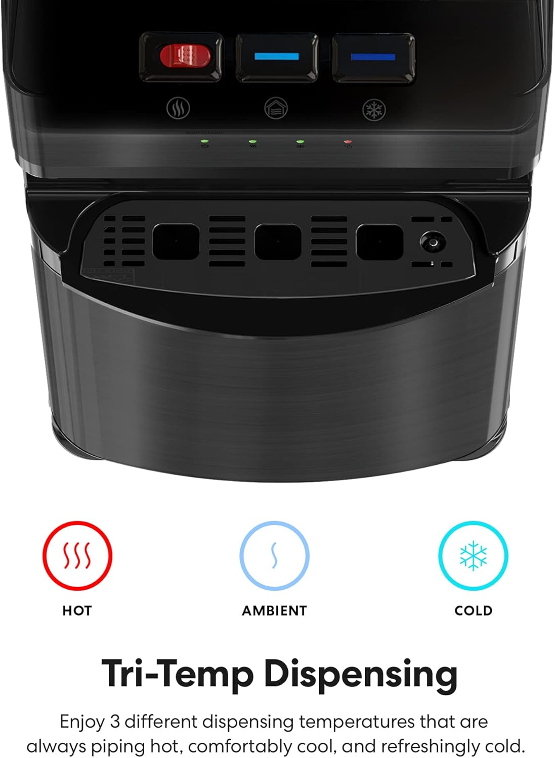 Self Cleaning Bottom Loading Water Cooler Water Dispenser ?Black Stainless Steel - 3 Temperature Settings - Hot, Room & Cold Water