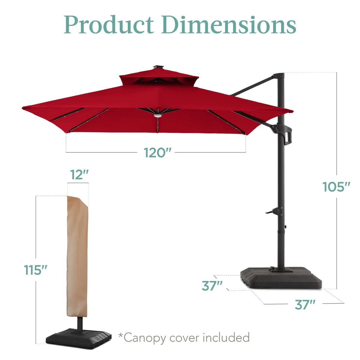 2026 NEW Best Choice Products 10x10ft 2-Tier Square Outdoor Solar LED Cantilever Patio Umbrella w/ Base Included - Tan